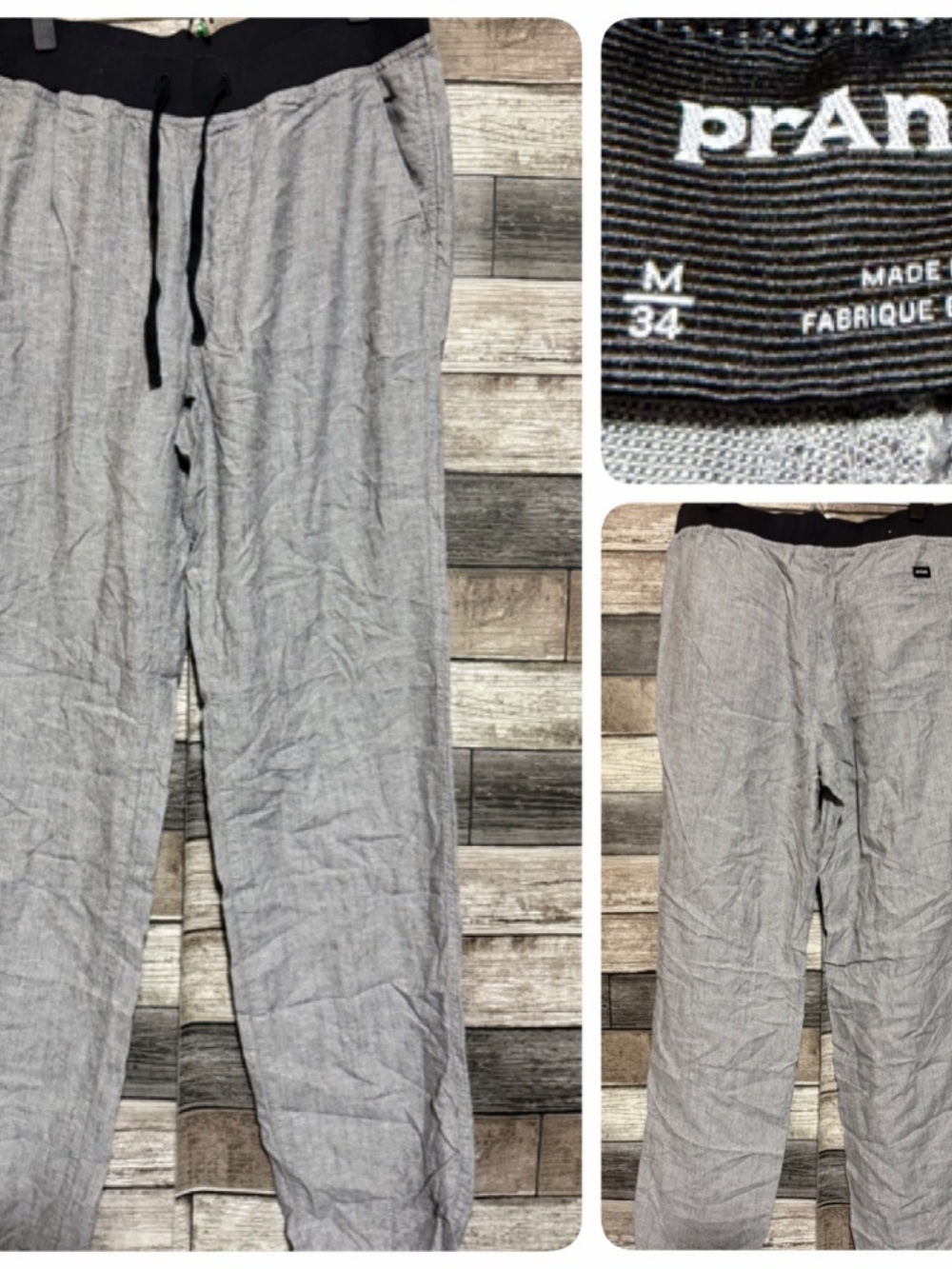 Prana Hemp Blend Drawstring Pants Men’s M/34 Gray Straight Lightweight